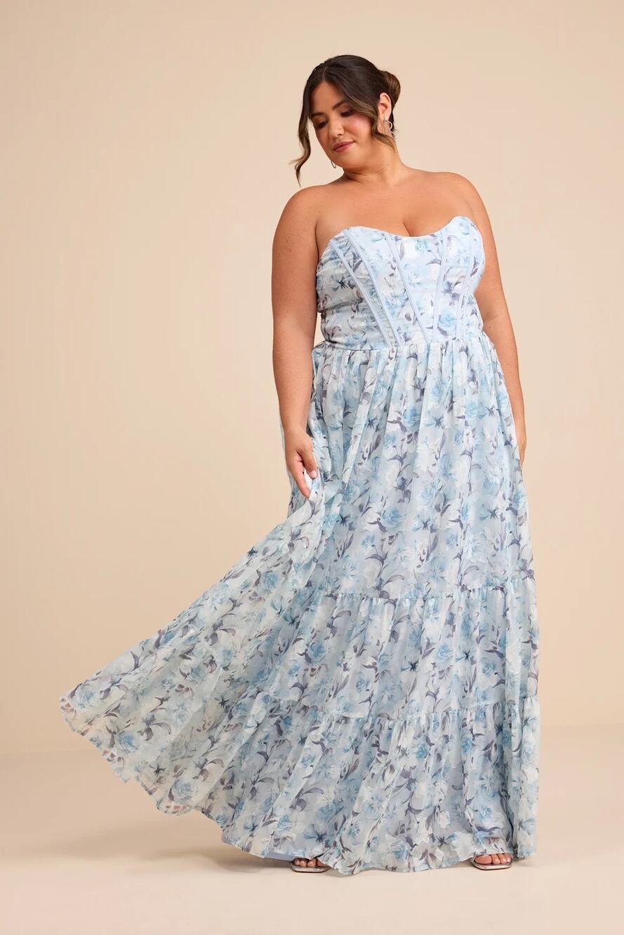 Lulus Special Moment Light Blue Floral Strapless Bustier Maxi Dress Size 1X